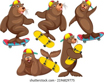 Set of different sea lions cartoon characters illustration
