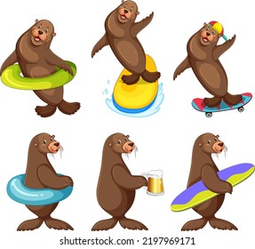 Set of different sea lions cartoon characters illustration