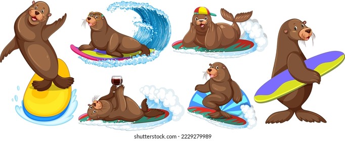 Set of different sea lions cartoon characters illustration