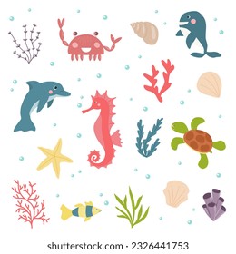 Conjunto de diferentes animales marinos o oceánicos, conchas marinas y algas, vector para los niños