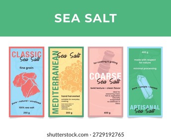 Conjunto de diferentes rótulos de sal marinho que apresentam vários tipos e desenhos de embalagens para uso culinário e realce de sabor