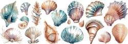 Set Of Different Sea Shells, Corals And Starfishes. Watercolor Vector Illustration