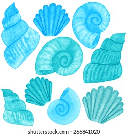 Set of different sea shells. Watercolor vector illustration. Global color used.