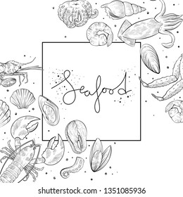 Set of different seafood, hand drawn vector