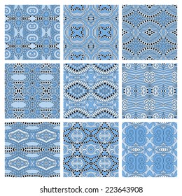 set of different seamless blue colour geometric pattern, texture for wallpaper, web page background, fabric and wrapping paper design, vector illustration