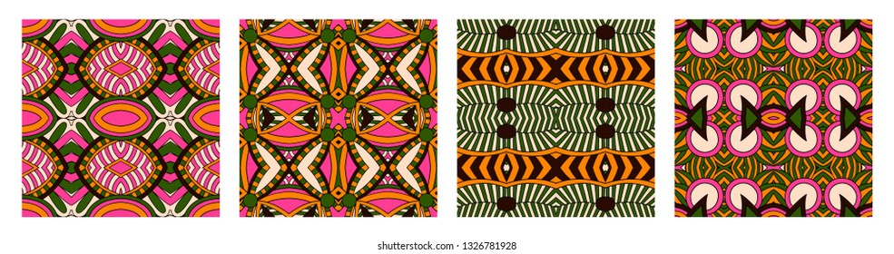 set of different seamless colored vintage geometric pattern, texture for wallpaper, web page background, fabric and wrapping paper design, vector illustration