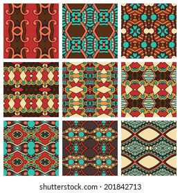 set of  different seamless colored vintage geometric pattern, texture for wallpaper, web page background, fabric and wrapping paper design