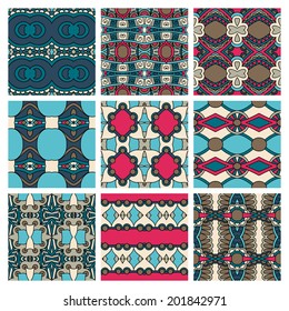 set of  different seamless colored vintage geometric pattern, texture for wallpaper, web page background, fabric and wrapping paper design