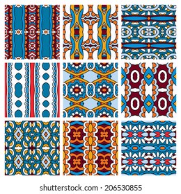 set of different seamless colored vintage geometric pattern, texture for wallpaper, web page background, fabric and wrapping paper design