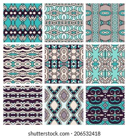set of different seamless colored vintage geometric pattern, texture for wallpaper, web page background, fabric and wrapping paper design