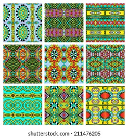 set of different seamless colored vintage geometric pattern, texture for wallpaper, web page background, fabric and wrapping paper design
