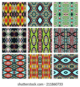 set of different seamless colored vintage geometric pattern, texture for wallpaper, web page background, fabric and wrapping paper design