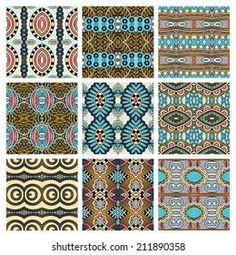 set of different seamless colored vintage geometric pattern, texture for wallpaper, web page background, fabric and wrapping paper design