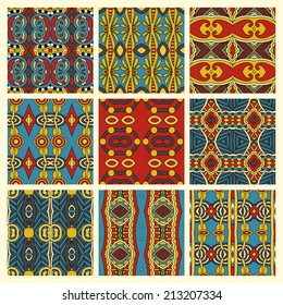set of different seamless colored vintage geometric pattern, texture for wallpaper, web page background, fabric and wrapping paper design
