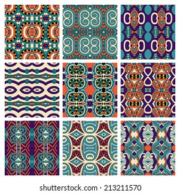 set of different seamless colored vintage geometric pattern, texture for wallpaper, web page background, fabric and wrapping paper design