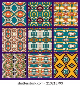 set of different seamless colored vintage geometric pattern, texture for wallpaper, web page background, fabric and wrapping paper design
