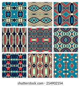 set of different seamless colored vintage geometric pattern, texture for wallpaper, web page background, fabric and wrapping paper design
