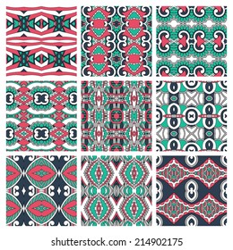 set of different seamless colored vintage geometric pattern, texture for wallpaper, web page background, fabric and wrapping paper design, vector illustration