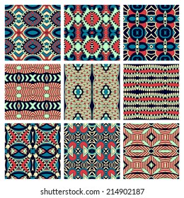 set of different seamless colored vintage geometric pattern, texture for wallpaper, web page background, fabric and wrapping paper design, vector illustration