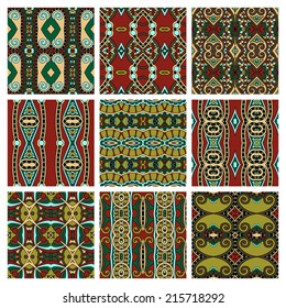 set of different seamless colored vintage geometric pattern, texture for wallpaper, web page background, fabric and wrapping paper design, vector illustration