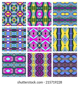 set of different seamless colored vintage geometric pattern, texture for wallpaper, web page background, fabric and wrapping paper design, vector illustration