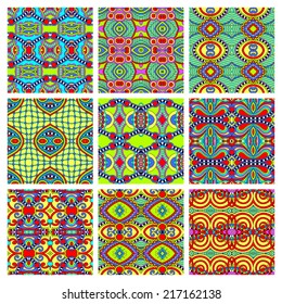 set of different seamless colored vintage geometric pattern, texture for wallpaper, web page background, fabric and wrapping paper design, vector illustration
