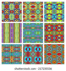 set of different seamless colored vintage geometric pattern, texture for wallpaper, web page background, fabric and wrapping paper design, vector illustration
