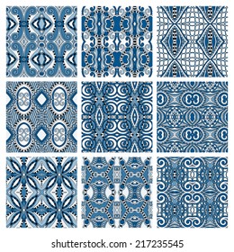 set of different seamless colored vintage geometric pattern, texture for wallpaper, web page background, fabric and wrapping paper design, vector illustration