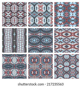 set of different seamless colored vintage geometric pattern, texture for wallpaper, web page background, fabric and wrapping paper design, vector illustration