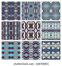 set of different seamless colored vintage geometric pattern, texture for wallpaper, web page background, fabric and wrapping paper design, vector illustration