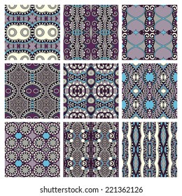 set of different seamless colored vintage geometric pattern, texture for wallpaper, web page background, fabric and wrapping paper design, vector illustration