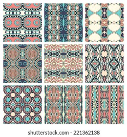 set of different seamless colored vintage geometric pattern, texture for wallpaper, web page background, fabric and wrapping paper design, vector illustration