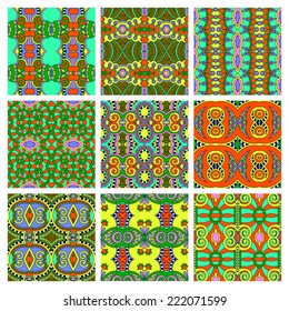 set of different seamless colored vintage geometric pattern, texture for wallpaper, web page background, fabric and wrapping paper design, vector illustration