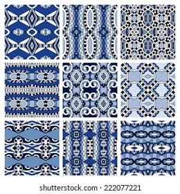 set of different seamless colored vintage geometric pattern, texture for wallpaper, web page background, fabric and wrapping paper design, vector illustration
