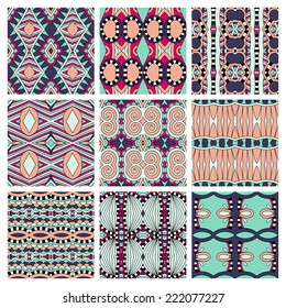 set of different seamless colored vintage geometric pattern, texture for wallpaper, web page background, fabric and wrapping paper design, vector illustration