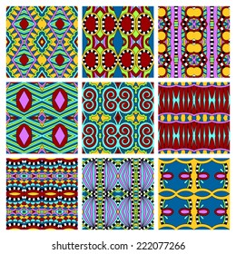 set of different seamless colored vintage geometric pattern, texture for wallpaper, web page background, fabric and wrapping paper design, vector illustration