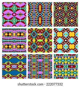 set of different seamless colored vintage geometric pattern, texture for wallpaper, web page background, fabric and wrapping paper design, vector illustration