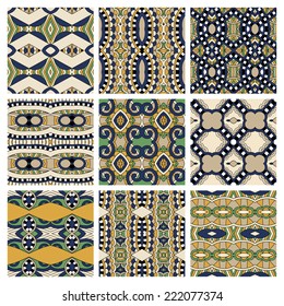 set of different seamless colored vintage geometric pattern, texture for wallpaper, web page background, fabric and wrapping paper design, vector illustration