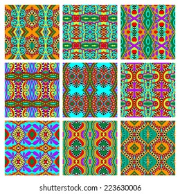 set of different seamless colored vintage geometric pattern, texture for wallpaper, web page background, fabric and wrapping paper design, vector illustration