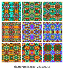 set of different seamless colored vintage geometric pattern, texture for wallpaper, web page background, fabric and wrapping paper design, vector illustration
