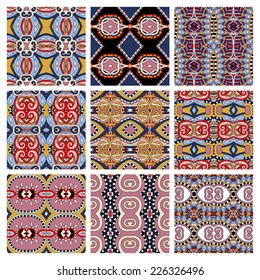 set of different seamless colored vintage geometric pattern, texture for wallpaper, web page background, fabric and wrapping paper design, vector illustration