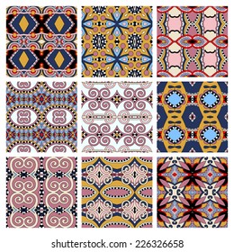 set of different seamless colored vintage geometric pattern, texture for wallpaper, web page background, fabric and wrapping paper design, vector illustration