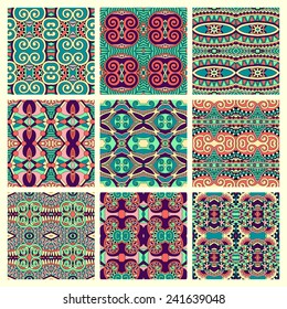 set of different seamless colored vintage geometric pattern, texture for wallpaper, web page background, fabric and wrapping paper design, vector illustration