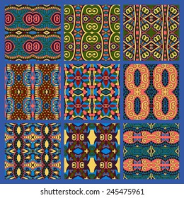 set of different seamless colored vintage geometric pattern, texture for wallpaper, web page background, fabric and wrapping paper design, vector illustration