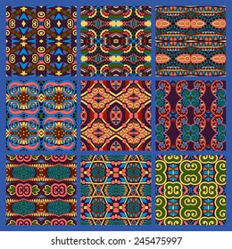 set of different seamless colored vintage geometric pattern, texture for wallpaper, web page background, fabric and wrapping paper design, vector illustration