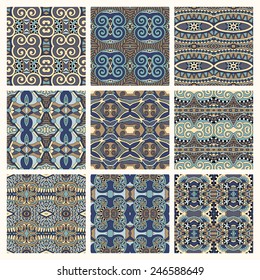 set of different seamless colored vintage geometric pattern, texture for wallpaper, web page background, fabric and wrapping paper design, vector illustration