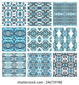 set of different seamless colored vintage geometric pattern, texture for wallpaper, web page background, fabric and wrapping paper design, vector illustration
