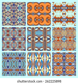 set of different seamless colored vintage geometric pattern, texture for wallpaper, web page background, fabric and wrapping paper design, vector illustration