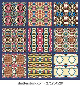 set of different seamless colored vintage geometric pattern, texture for wallpaper, web page background, fabric and wrapping paper design, vector illustration