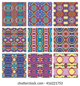 set of different seamless colored vintage geometric pattern, texture for wallpaper, web page background, fabric and wrapping paper design, vector illustration